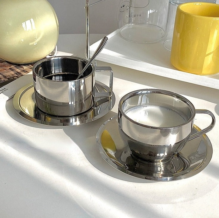 Stainless Steel Coffee Cup and Saucer